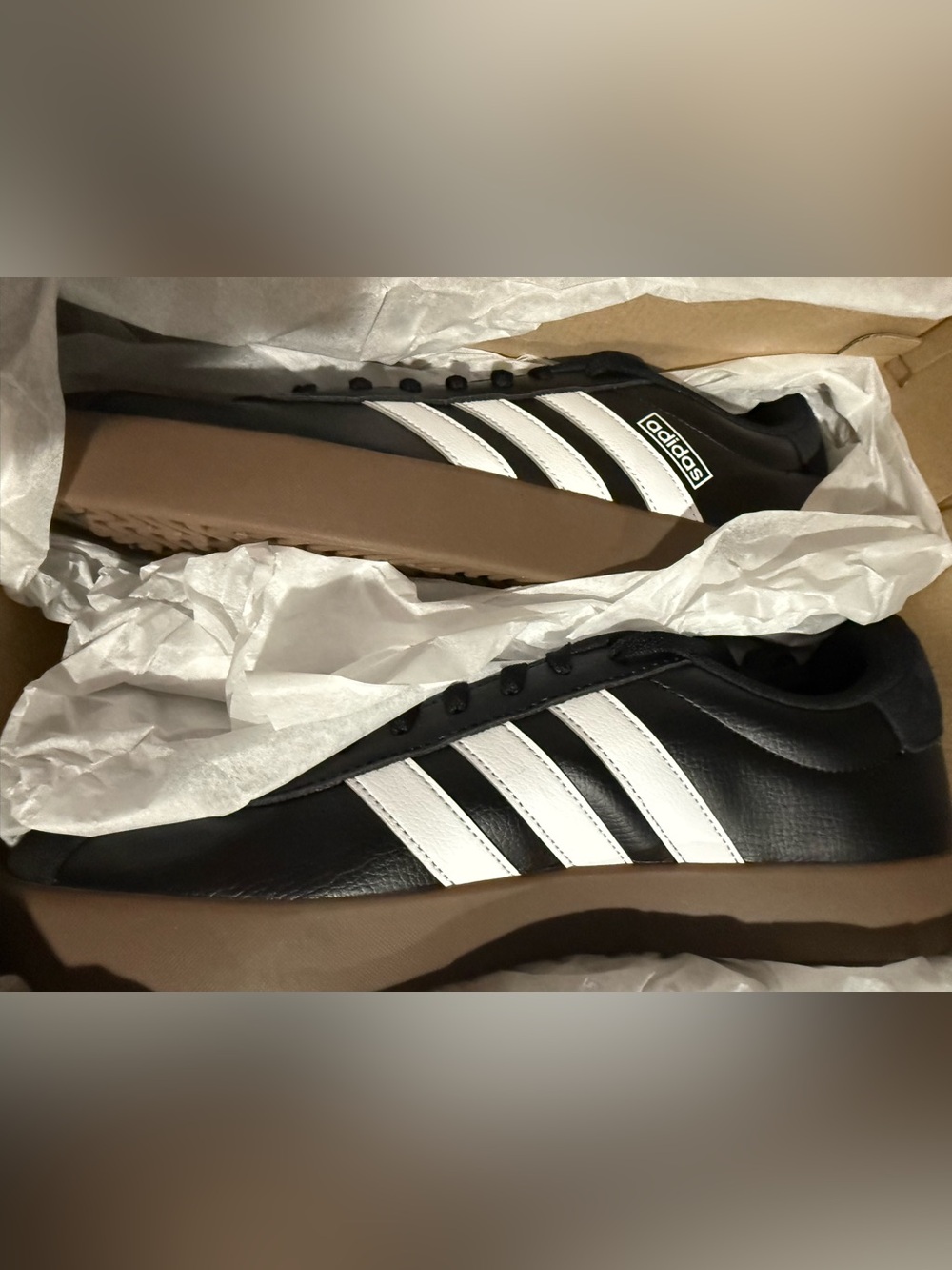 Adidas Men’s Black Sneakers with White Stripes and Brown Sole